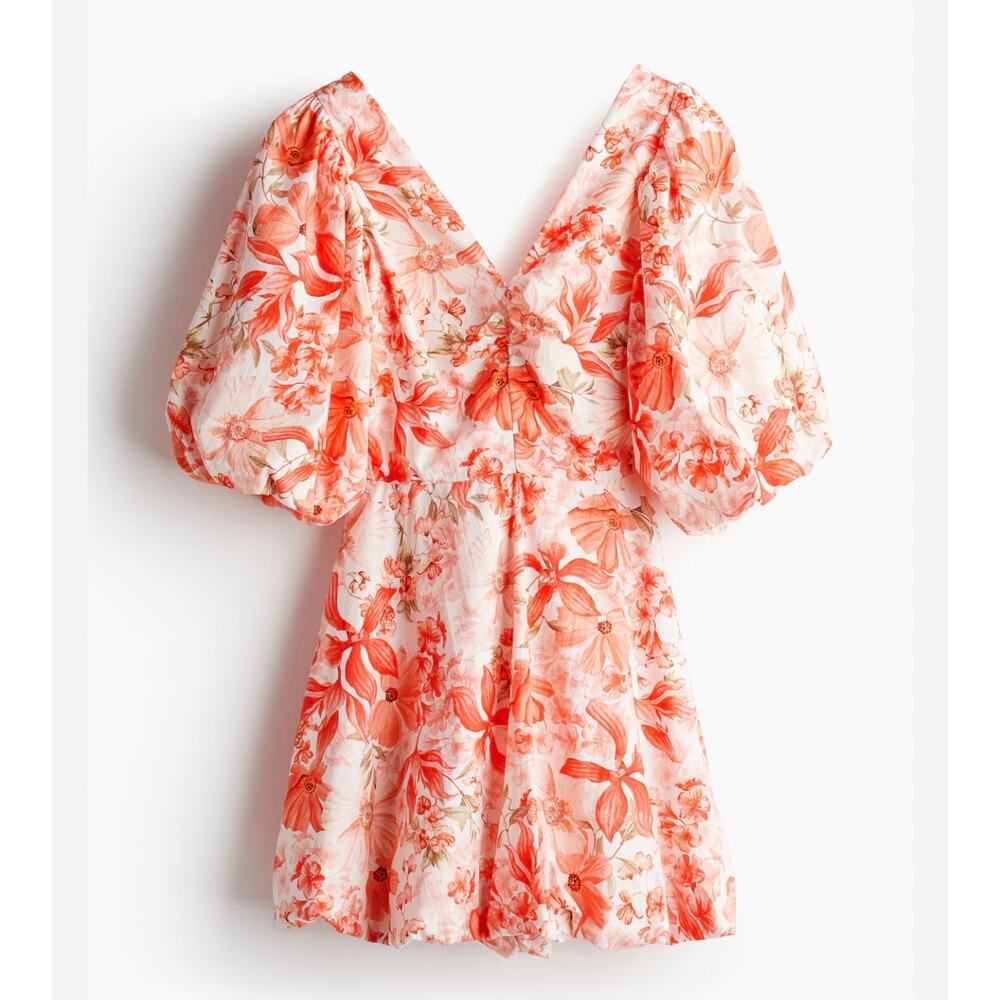 H&M Orange Floral Tie Back Puffy Mini Dress Bubble Hem Puff Sleeve Medium Brunch